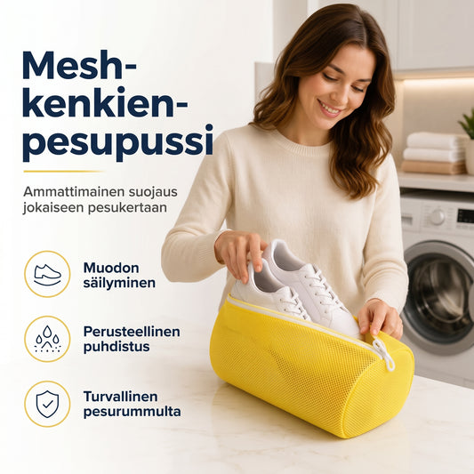 Verkkokankainen kenkien pesupussi pesukoneeseen