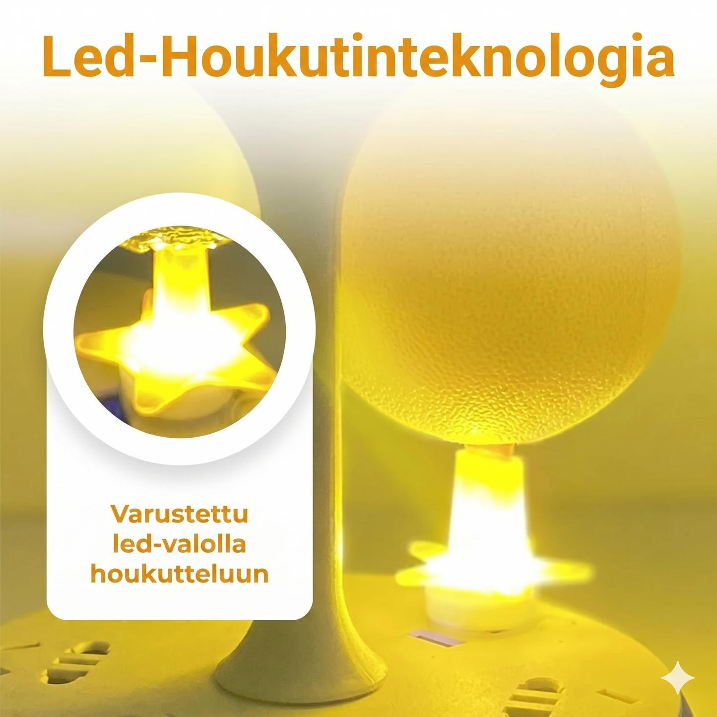 Tahmea hedelmäkärpäsansapallo jalustalla ja LED-valolla