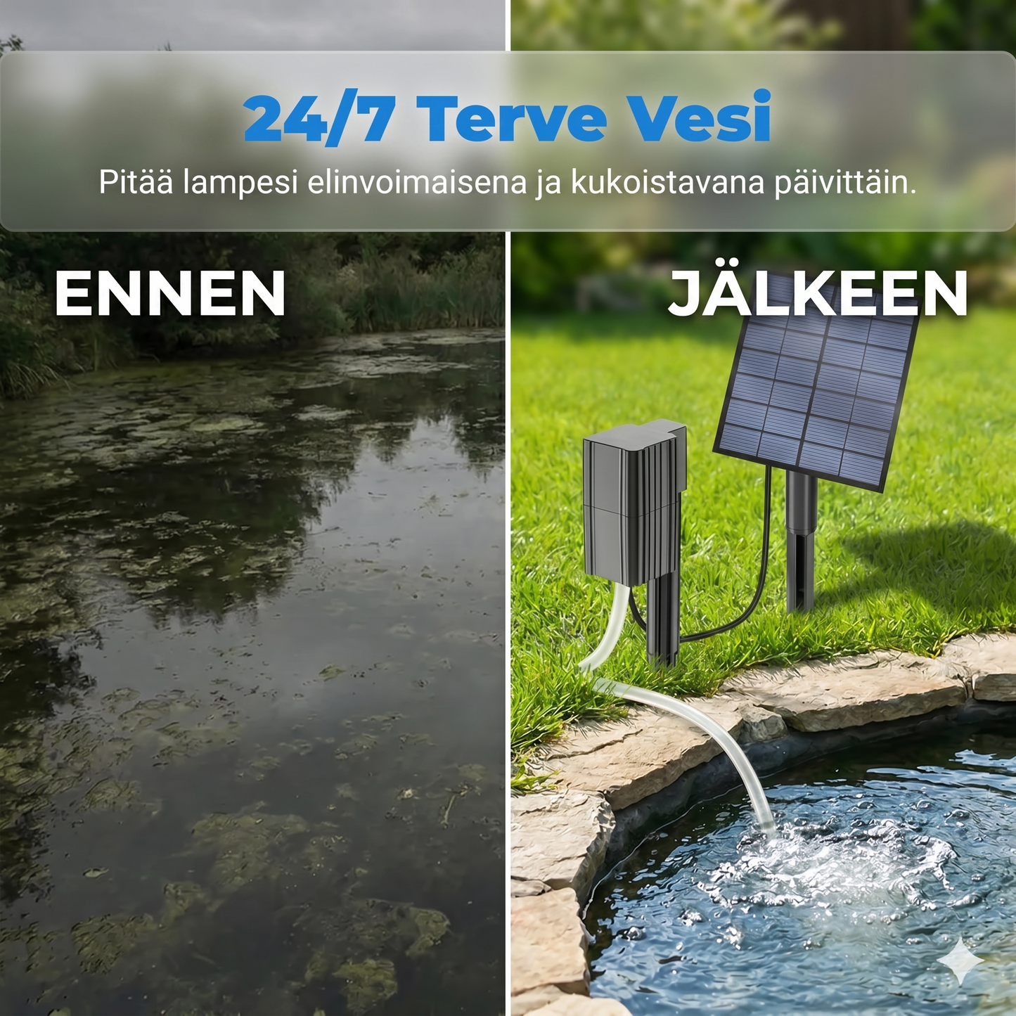 Aurinkoenergialla toimiva lammikon ilmastin – tarjoaa jatkuvasti happea kaloille ja kasveille