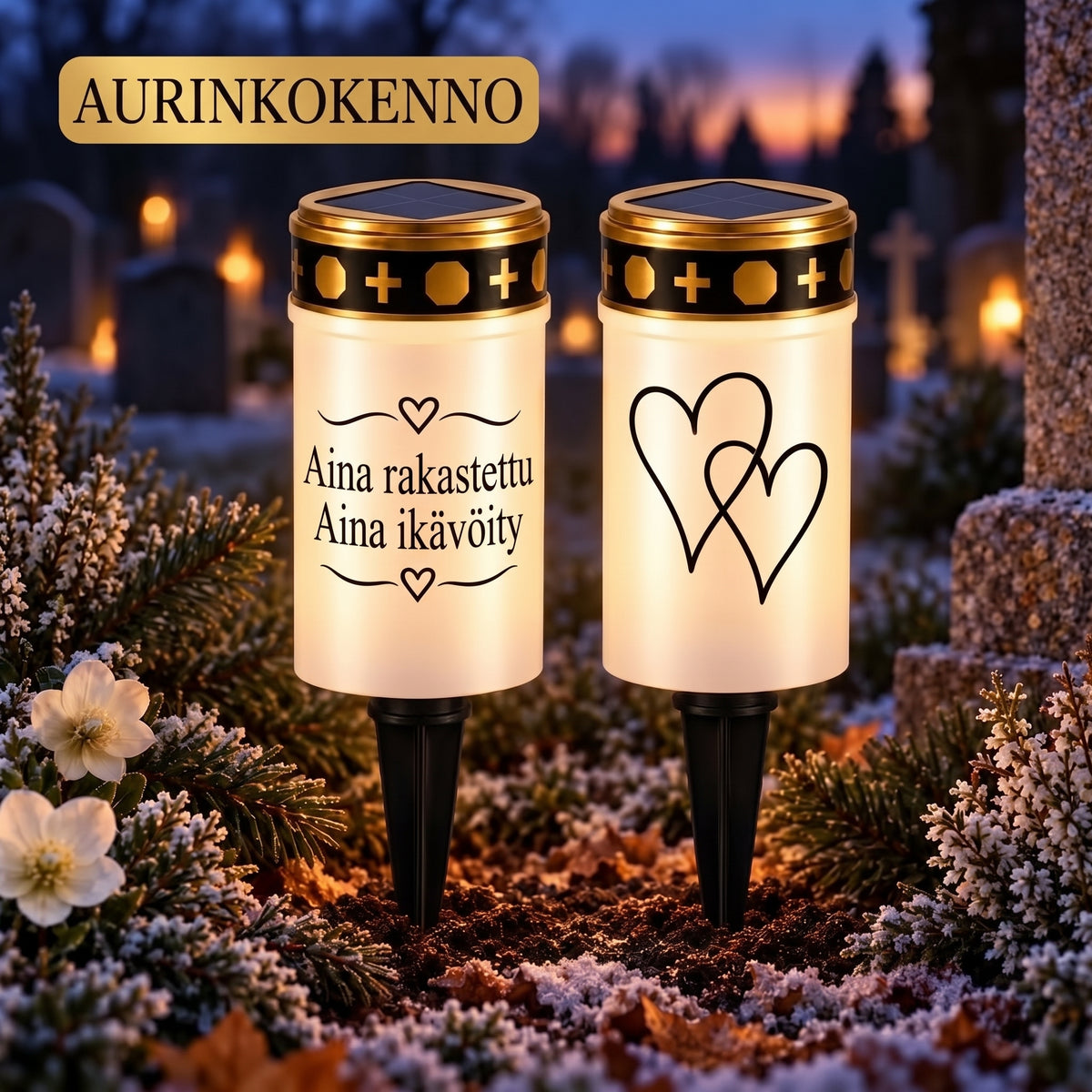 MinnesLjus LED-hautakynttilät 2 kappaleen setti aurinkokennolla tai paristolla