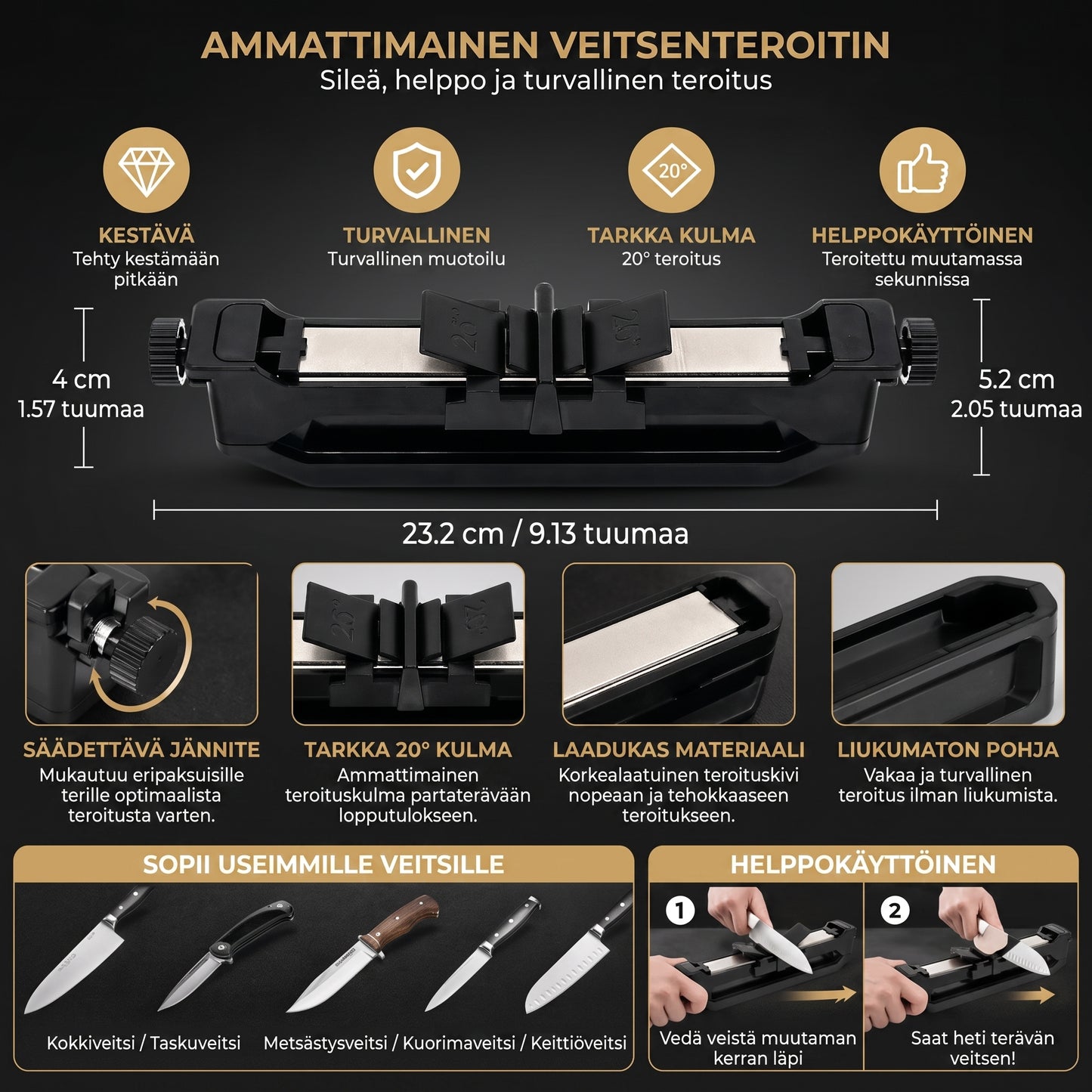 Timanttiveitsenteroitin kiinteällä 20 asteen teroituskulmalla