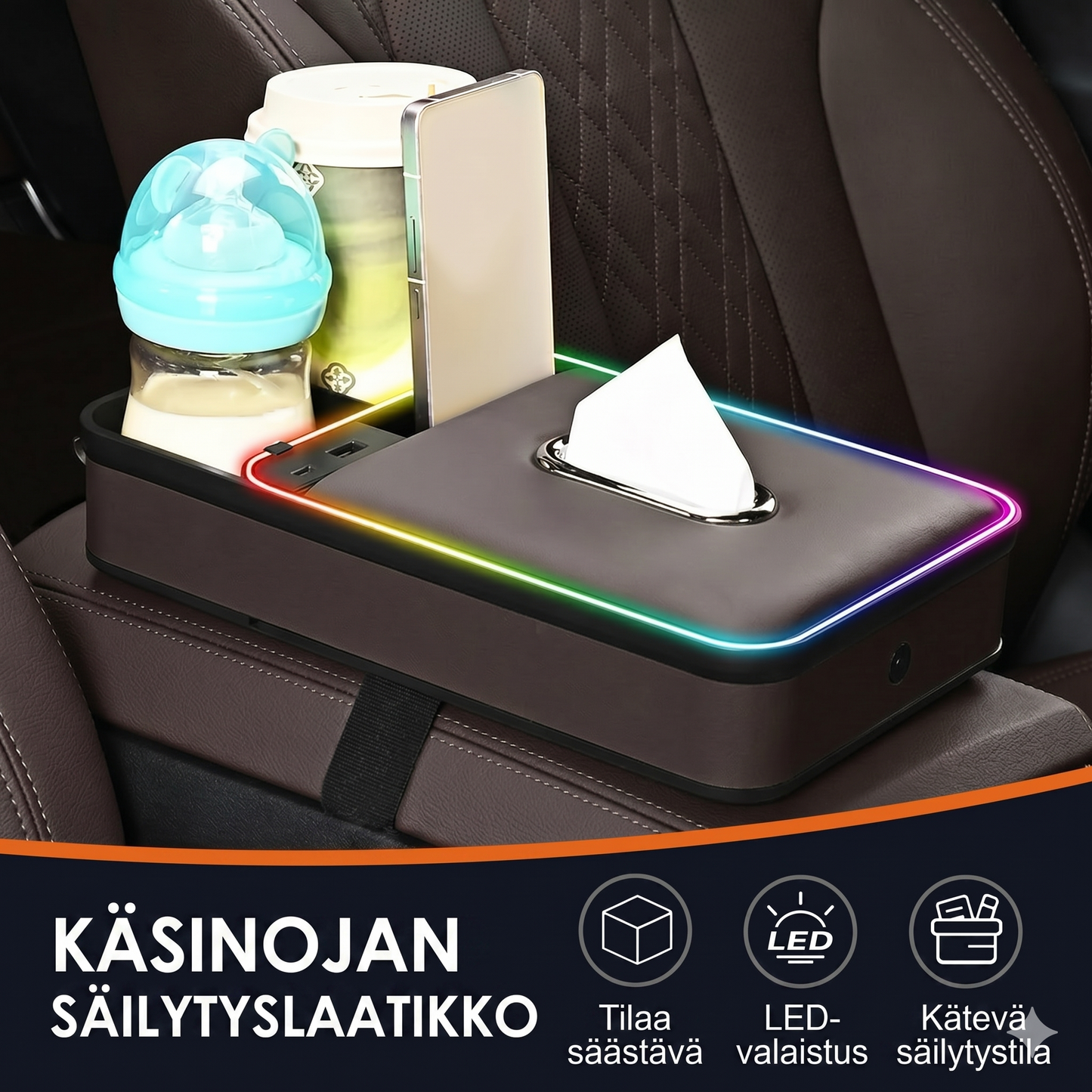 Kyynärnojan säilytyslaatikko LED-tunnelmavalaistuksella
