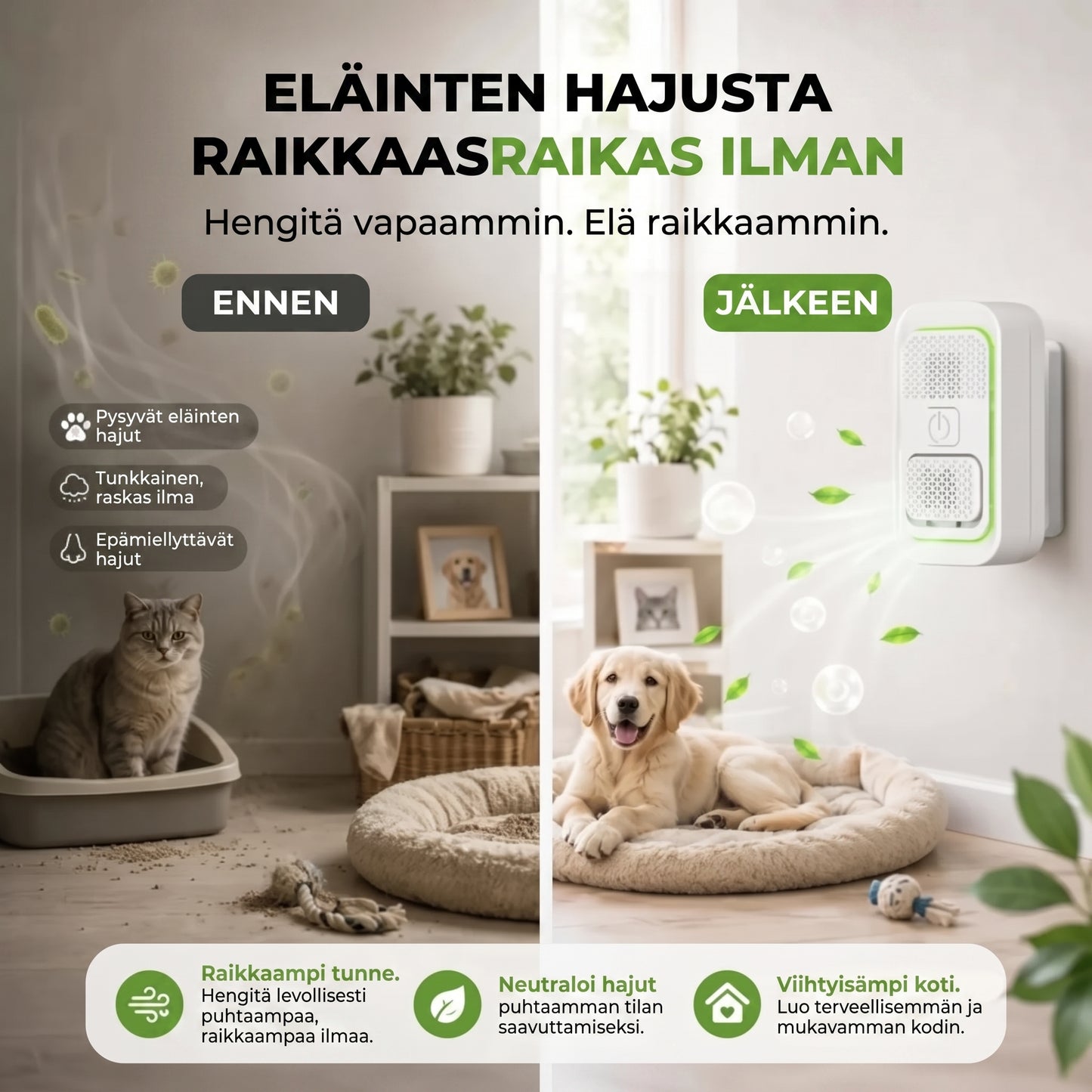 Ionisoiva ilmanpuhdistin lemmikkien hajujen vähentämiseen