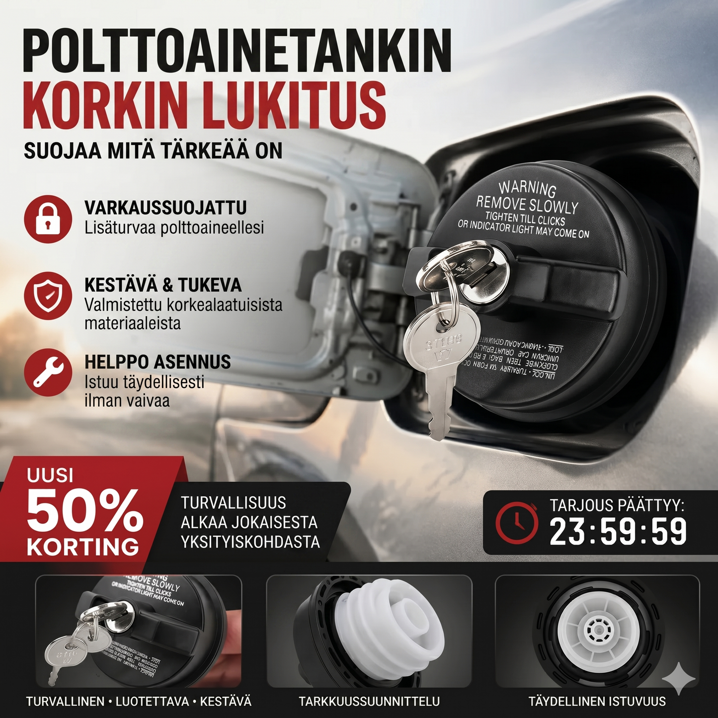 Lukittava polttoainekorkki avaimella