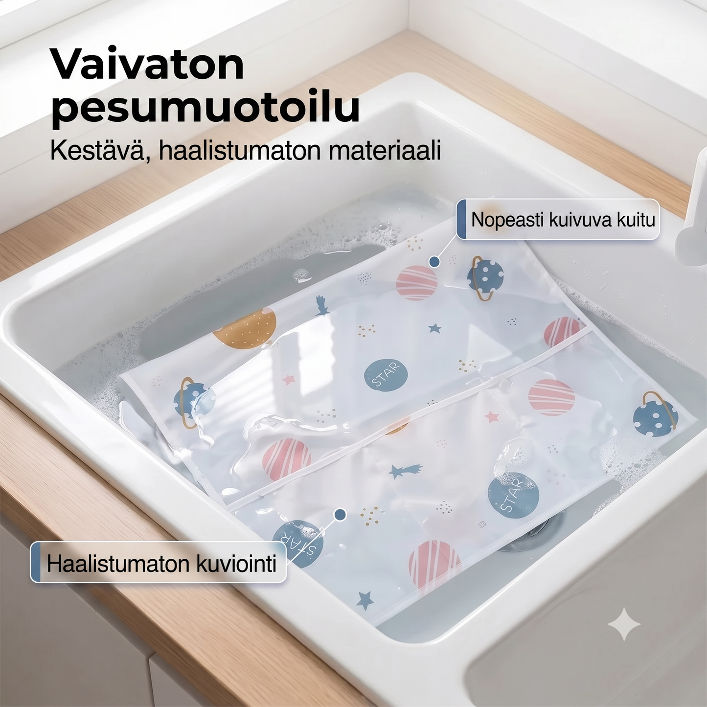 Pyykinpesukoneen suojapäällinen sivutaskuilla