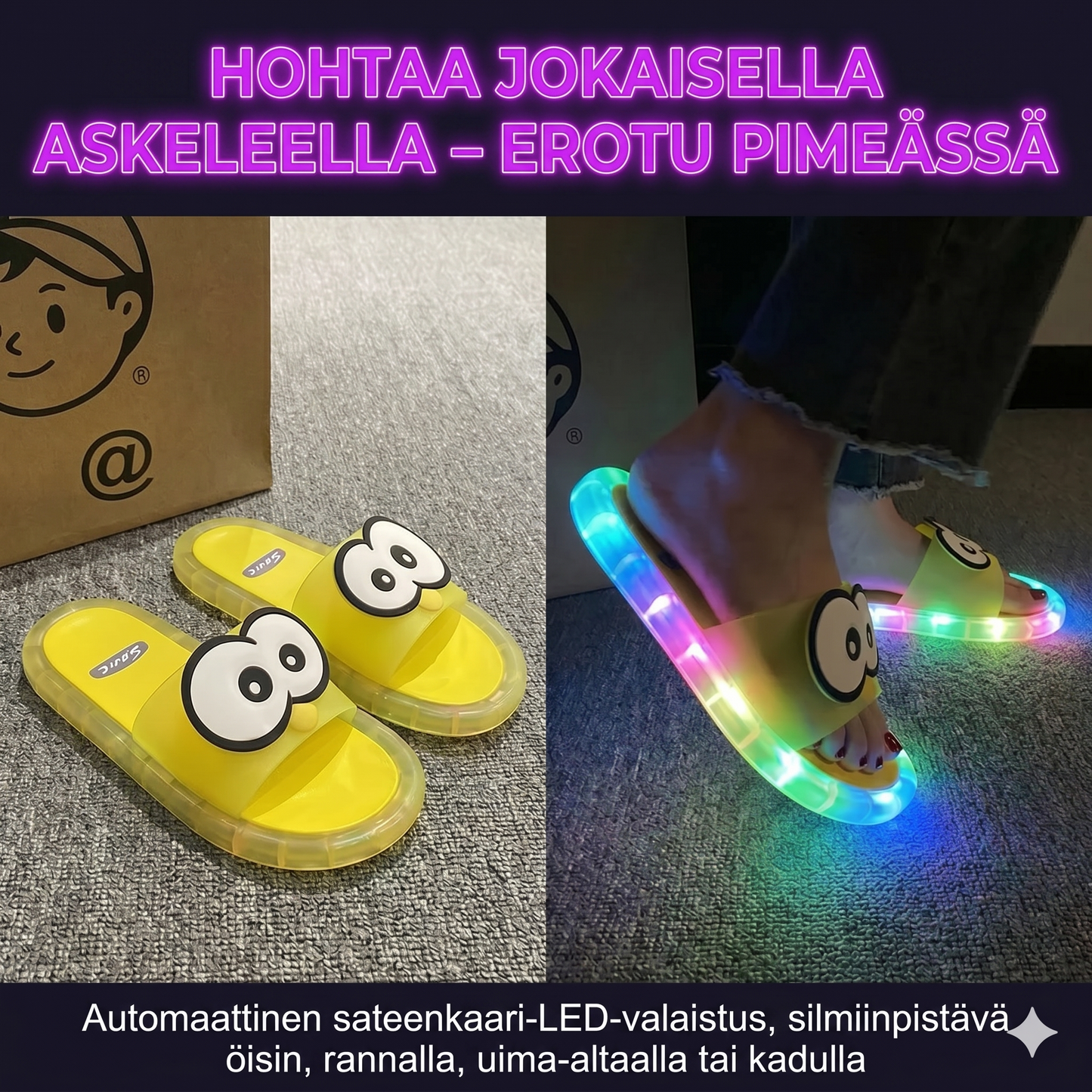 Söpöt valaisevat tossut sarjakuvakuvioilla