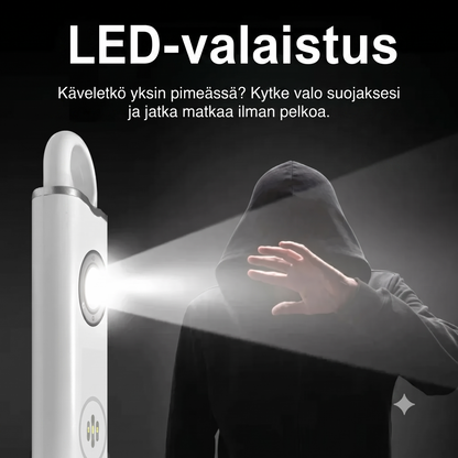 Ladattava henkilökohtainen hälytin taskulampulla ja 130 dB:n sireenillä