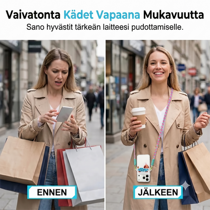 Puhelinpidike sarjakuvahahmolla ja rannelenkillä