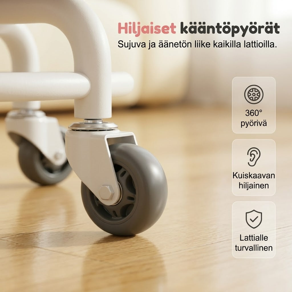 Matala pyörillä varustettu jakkara selkänojalla