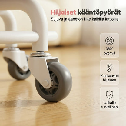 Matala pyörillä varustettu jakkara selkänojalla