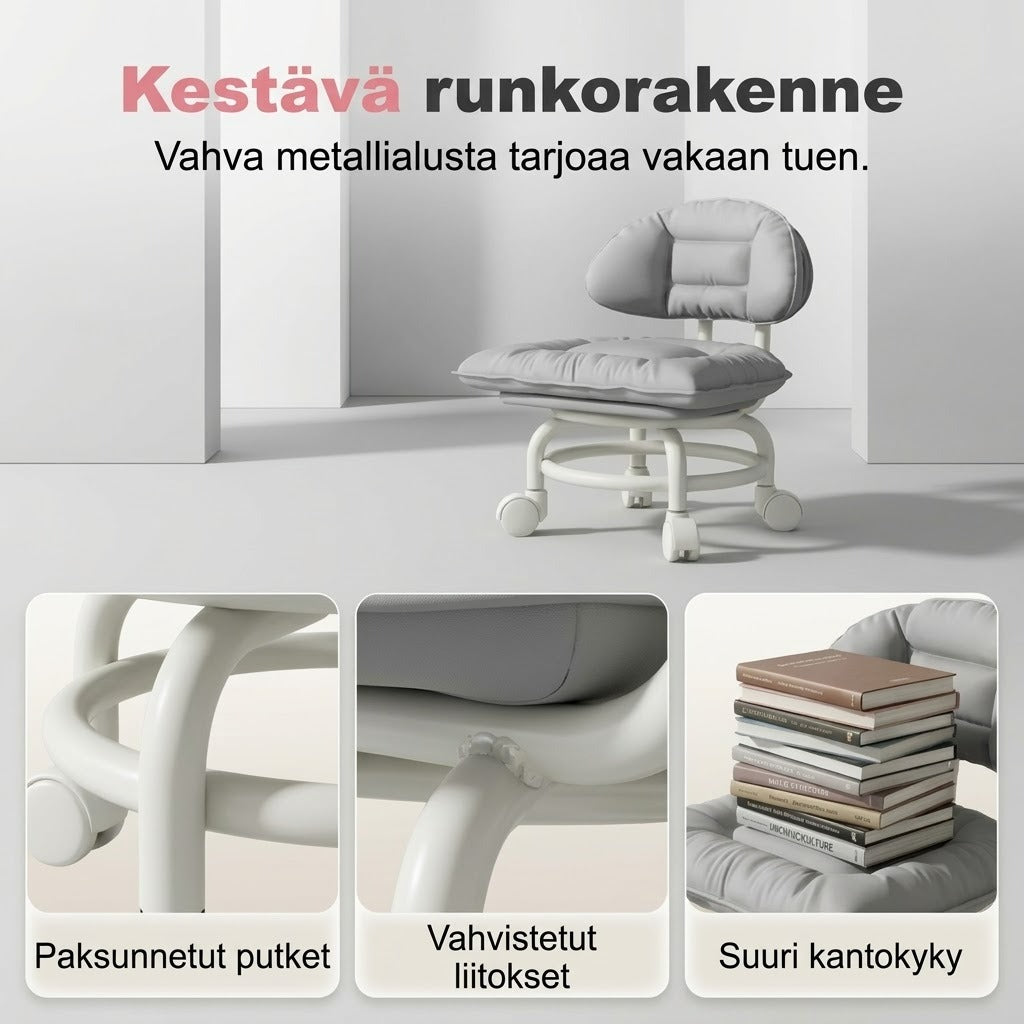 Matala pyörillä varustettu jakkara selkänojalla