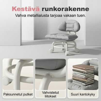 Matala pyörillä varustettu jakkara selkänojalla
