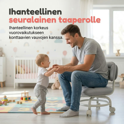 Matala pyörillä varustettu jakkara selkänojalla