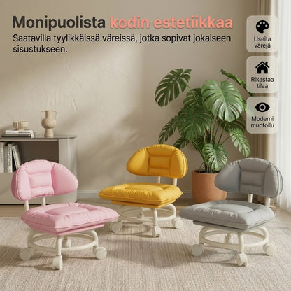 Matala pyörillä varustettu jakkara selkänojalla