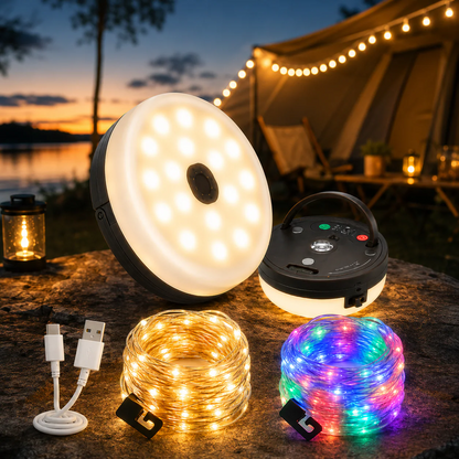 CampGlow 4-in-1 ladattava retkeilylamppu valonauhalla ja varavirtalähteellä