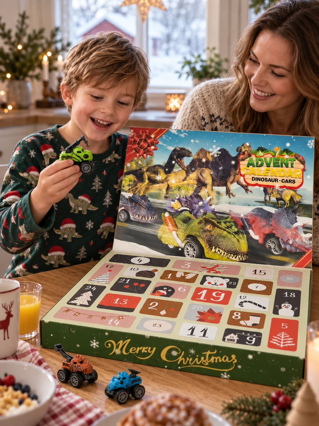 Dinosaurus-kilpa-autojen adventtikalenteri lapsille