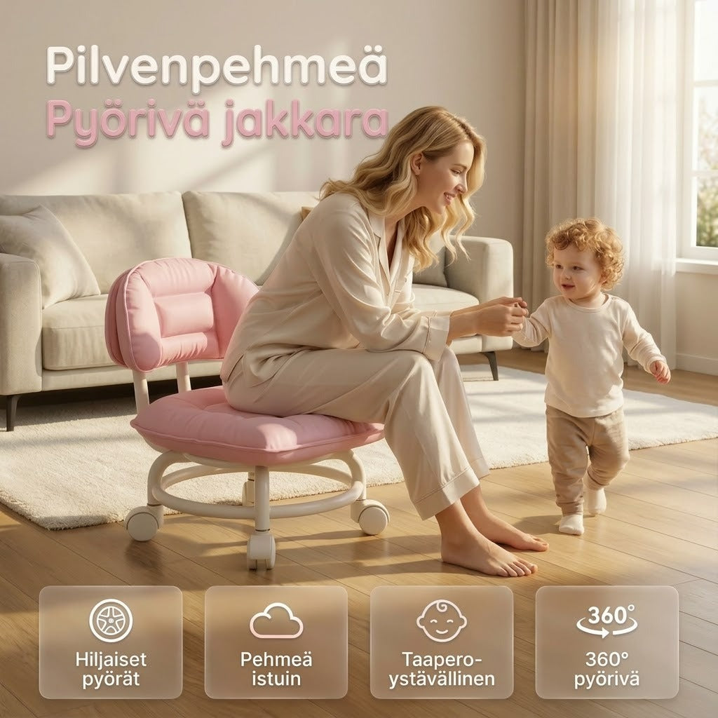 Matala pyörillä varustettu jakkara selkänojalla