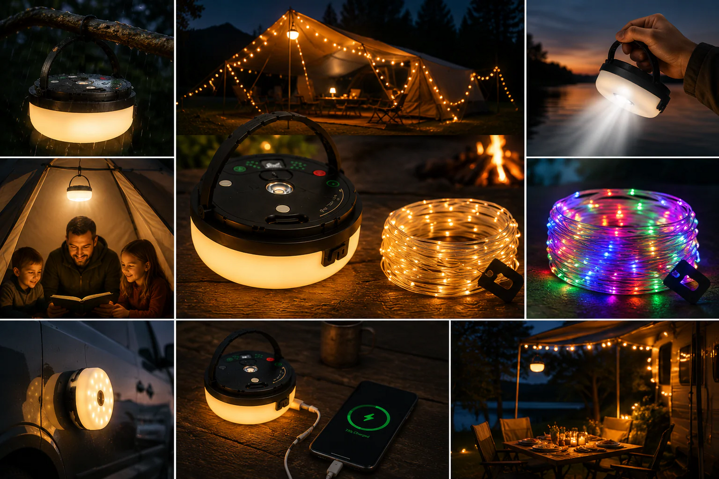 CampGlow 4-in-1 ladattava retkeilylamppu valonauhalla ja varavirtalähteellä